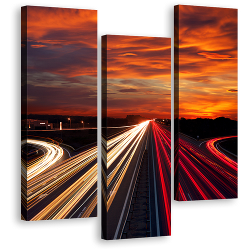 Highway Traffic Wall Art, Orange Sunset City Moving Car Canvas Print, Red Light Trails 3 Piece Multi Canvas