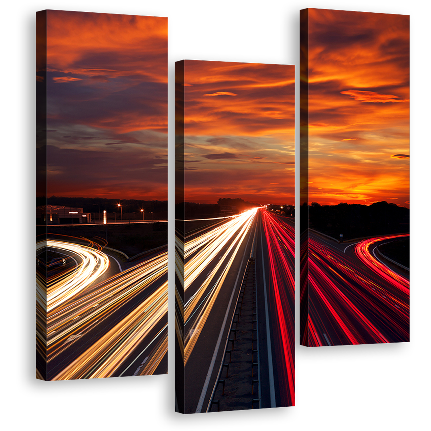 Highway Traffic Wall Art, Orange Sunset City Moving Car Canvas Print, Red Light Trails 3 Piece Multi Canvas