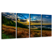 Load image into Gallery viewer, Hills Landscape Canvas Wall Art, Green Trees Mountain Scenery Multi Canvas, Dramatic Yellow Sunrise Landscape Valley 4 Piece Canvas
