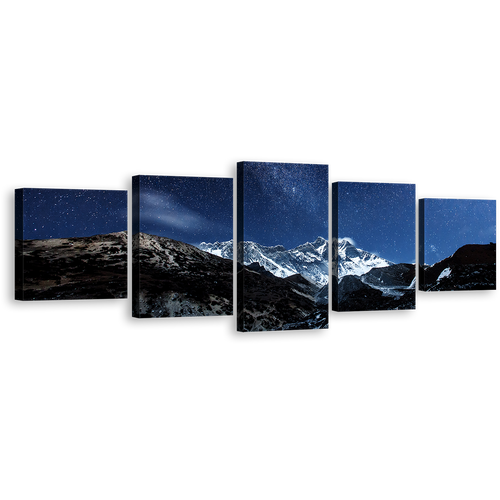 Himalaya Desert Wall Art, Amazing White Milky Way Mountains 5 Piece Multiple Canvas, Blue Starry Sky Canvas Print