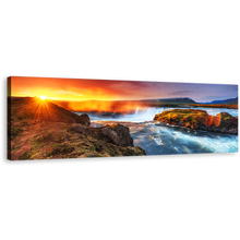 Load image into Gallery viewer, Hodafoss Waterfall Canvas Print, Yellow Sunrise Starry Sky Panoramic Canvas Wall Art, White North Iceland Waterfall Canvas Artwork
