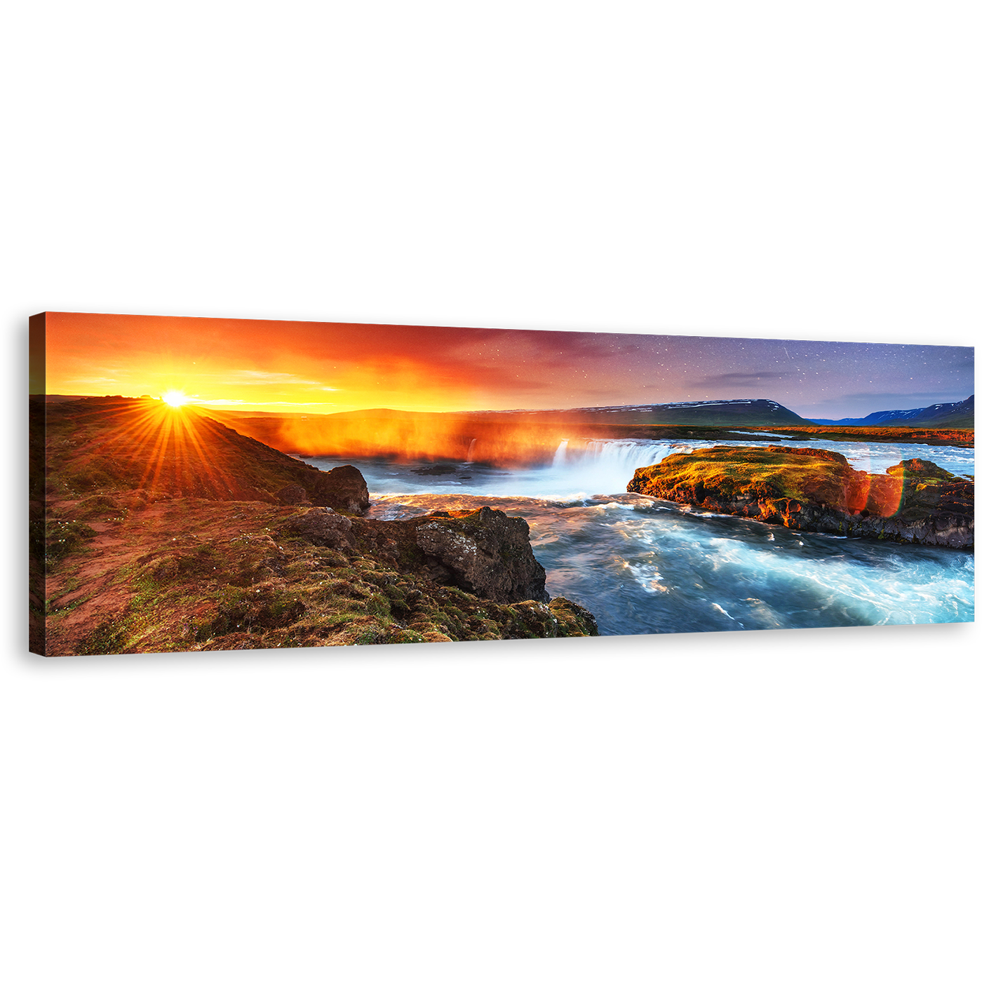 Hodafoss Waterfall Canvas Print, Yellow Sunrise Starry Sky Panoramic Canvas Wall Art, White North Iceland Waterfall Canvas Artwork