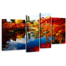 Load image into Gallery viewer, Hojo Pond Canvas Wall Art, Beautiful Blossom Kyoto Japan Canvas Print, Red Fall Foliage Eikando Temple 4 Piece Canvas, Autumn Illumination Blue Sky Canvas Artwork
