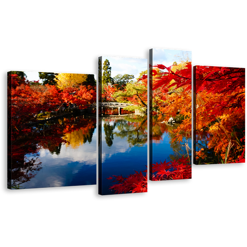 Hojo Pond Canvas Wall Art, Beautiful Blossom Kyoto Japan Canvas Print, Red Fall Foliage Eikando Temple 4 Piece Canvas, Autumn Illumination Blue Sky Canvas Artwork