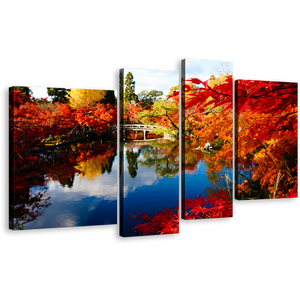 Hojo Pond Canvas Wall Art, Beautiful Blossom Kyoto Japan Canvas Print, Red Fall Foliage Eikando Temple 4 Piece Canvas, Autumn Illumination Blue Sky Canvas Artwork