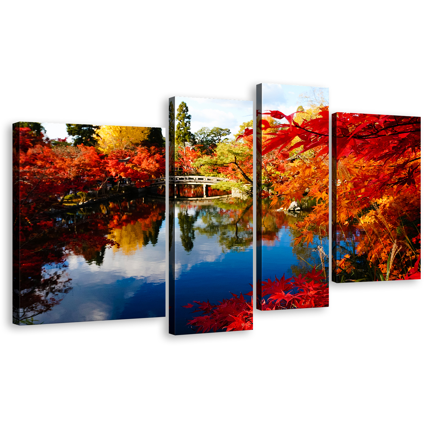 Hojo Pond Canvas Wall Art, Beautiful Blossom Kyoto Japan Canvas Print, Red Fall Foliage Eikando Temple 4 Piece Canvas, Autumn Illumination Blue Sky Canvas Artwork