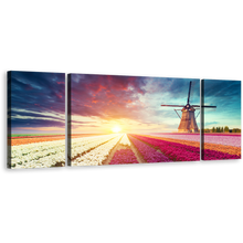 Load image into Gallery viewer, Holland Landscape Canvas Print, Green Netherlands Windmill Scenery Triptych Canvas Set, Red Green Tulips Field 3 Piece Canvas Wall Art
