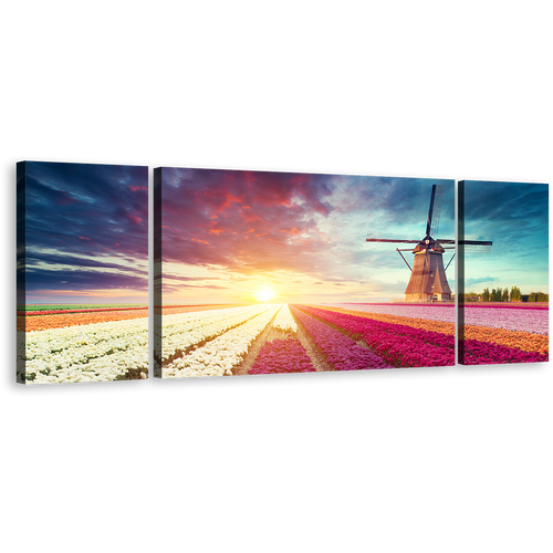 Holland Landscape Canvas Print, Green Netherlands Windmill Scenery Triptych Canvas Set, Red Green Tulips Field 3 Piece Canvas Wall Art