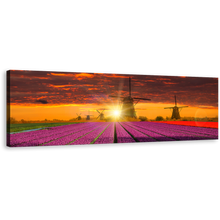 Load image into Gallery viewer, Holland Landscape Canvas Wall Art, Dramatic Orange Sunset Sky Windmill 1 Piece Canvas Artwork, Red Purple Tulips Field Scenery Canvas Print
