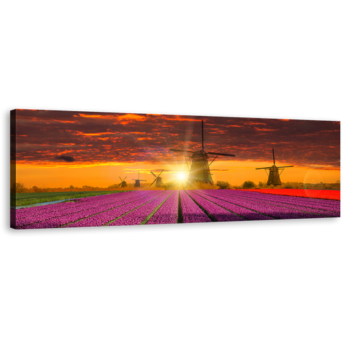 Holland Landscape Canvas Wall Art, Dramatic Orange Sunset Sky Windmill 1 Piece Canvas Artwork, Red Purple Tulips Field Scenery Canvas Print