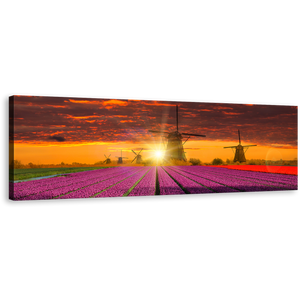 Holland Landscape Canvas Wall Art, Dramatic Orange Sunset Sky Windmill 1 Piece Canvas Artwork, Red Purple Tulips Field Scenery Canvas Print