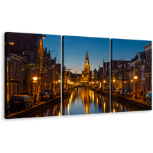 Load image into Gallery viewer, Holland Skyline Wall Art, Alkmaar Canals Yellow City 3 Piece Canvas Set, Netherlands Blue Sky Harbor Cityscape Canvas Print
