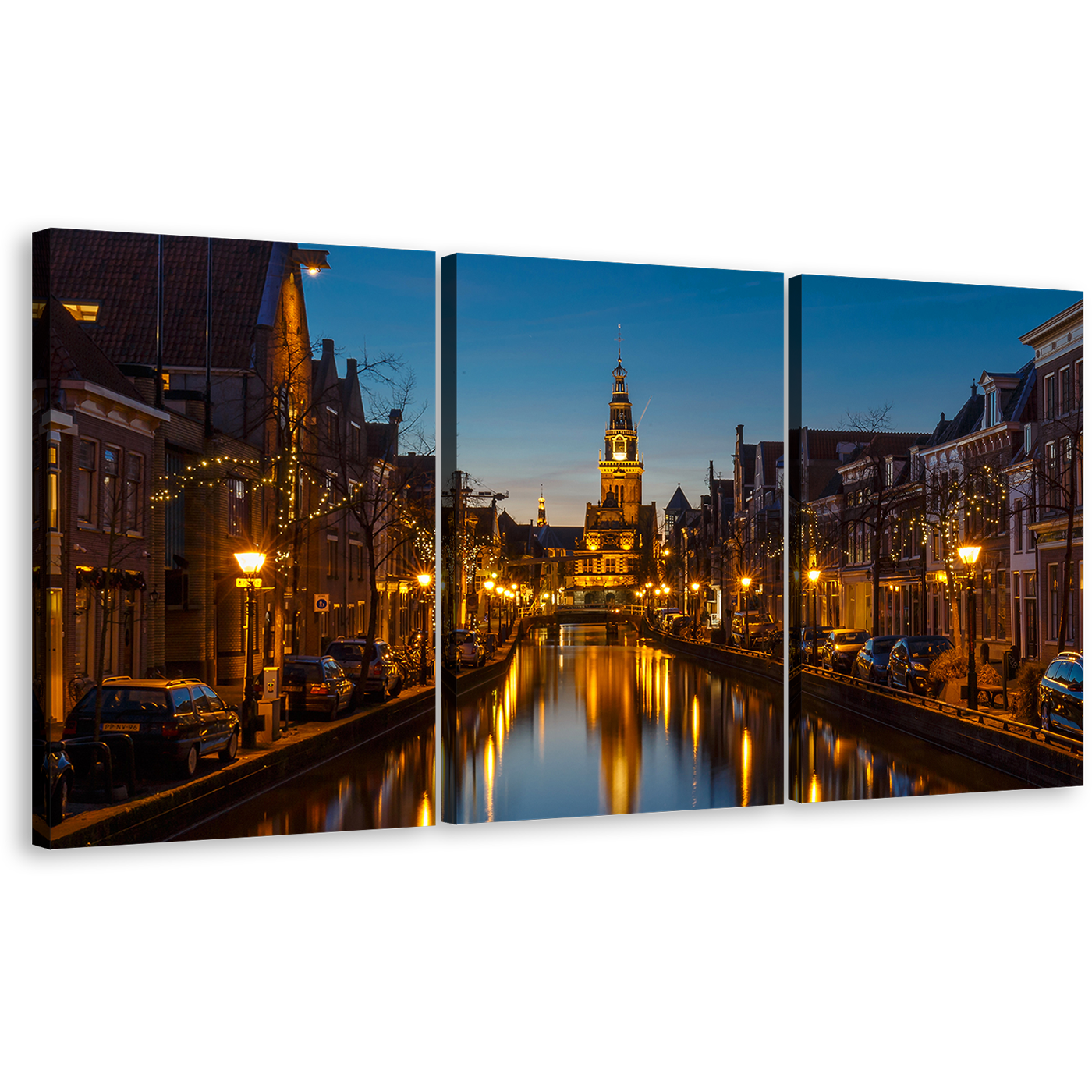 Holland Skyline Wall Art, Alkmaar Canals Yellow City 3 Piece Canvas Set, Netherlands Blue Sky Harbor Cityscape Canvas Print