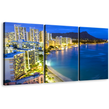 Load image into Gallery viewer, Honolulu Hawaii Canvas Wall Art, Blue Beach Landscape 3 Piece Canvas Print, Yellow City Lights Waikiki Beach Canvas Set
