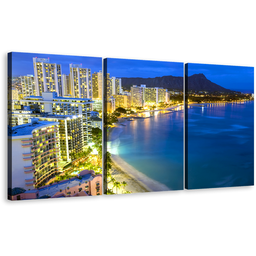 Honolulu Hawaii Canvas Wall Art, Blue Beach Landscape 3 Piece Canvas Print, Yellow City Lights Waikiki Beach Canvas Set