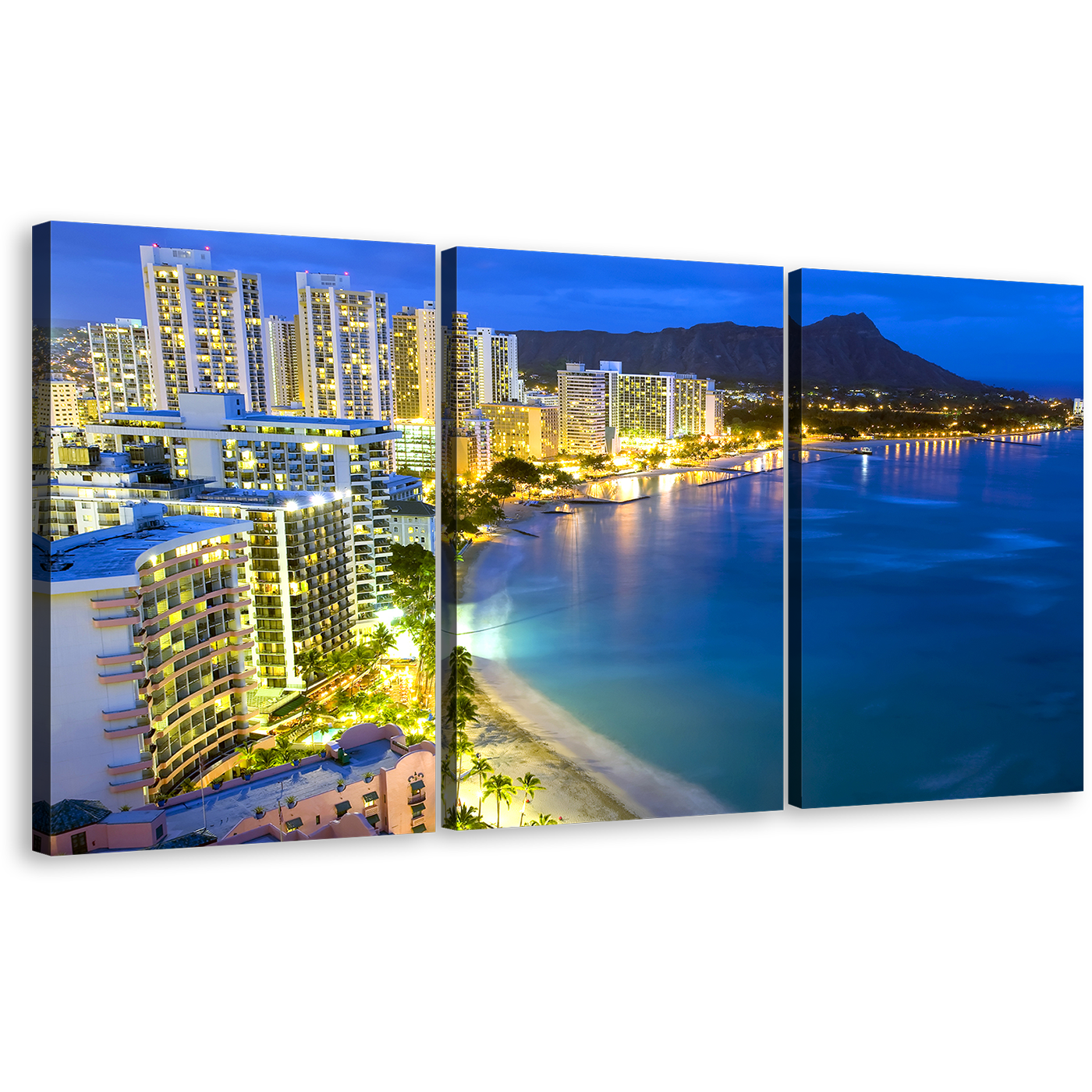 Honolulu Hawaii Canvas Wall Art, Blue Beach Landscape 3 Piece Canvas Print, Yellow City Lights Waikiki Beach Canvas Set