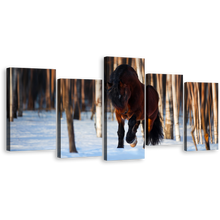 Load image into Gallery viewer, Horse Alone Canvas Print, White Snow Horse Forest 5 Piece Canvas Wall Art, Horse Freedom Multi Canvas
