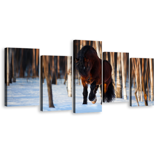 Horse Alone Canvas Print, White Snow Horse Forest 5 Piece Canvas Wall Art, Horse Freedom Multi Canvas