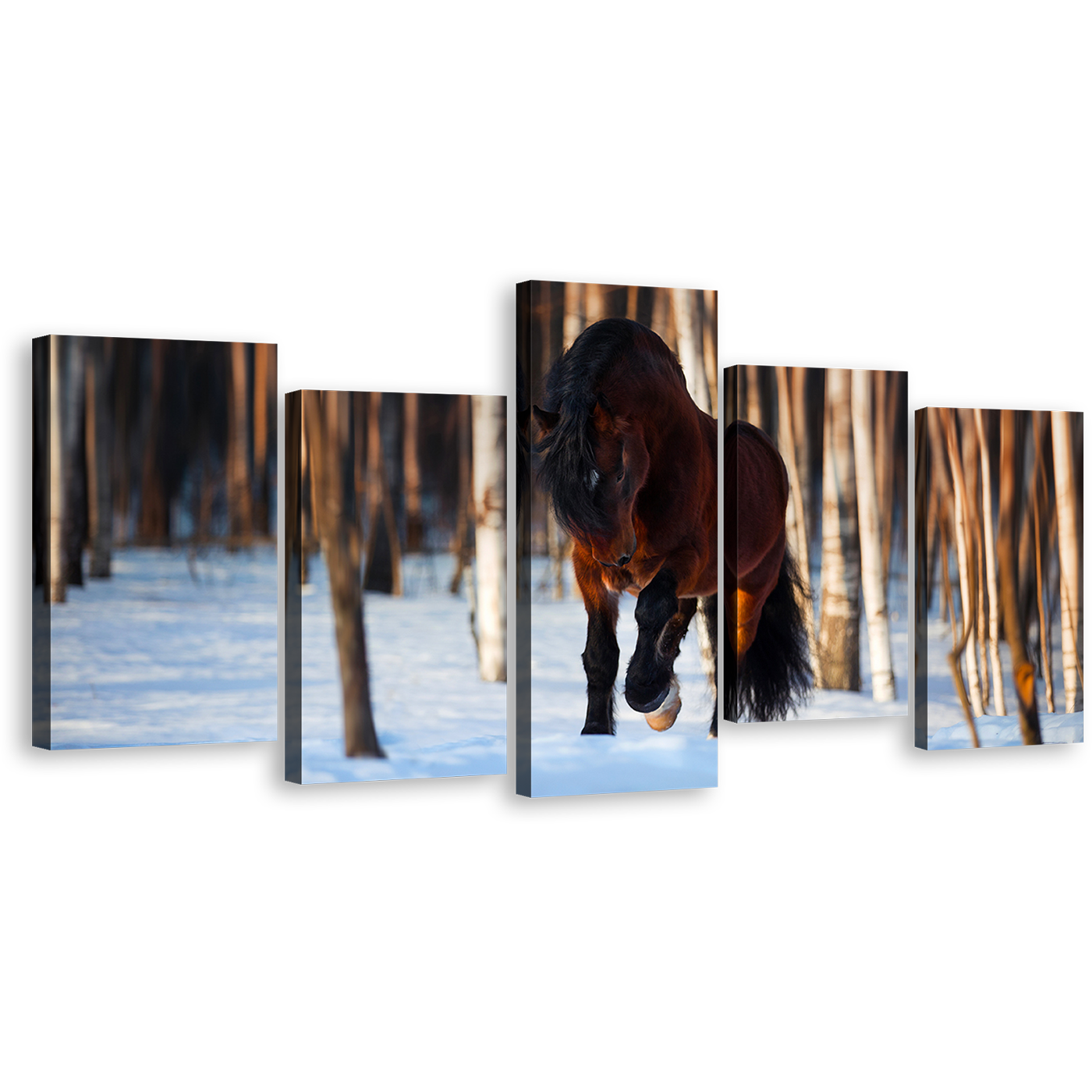 Horse Alone Canvas Print, White Snow Horse Forest 5 Piece Canvas Wall Art, Horse Freedom Multi Canvas