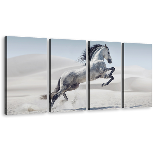 Horse Animal Canvas Print, Galloping White Horse 4 Piece Canvas Wall Art, Grey Horse in Nature Multiple Canvas