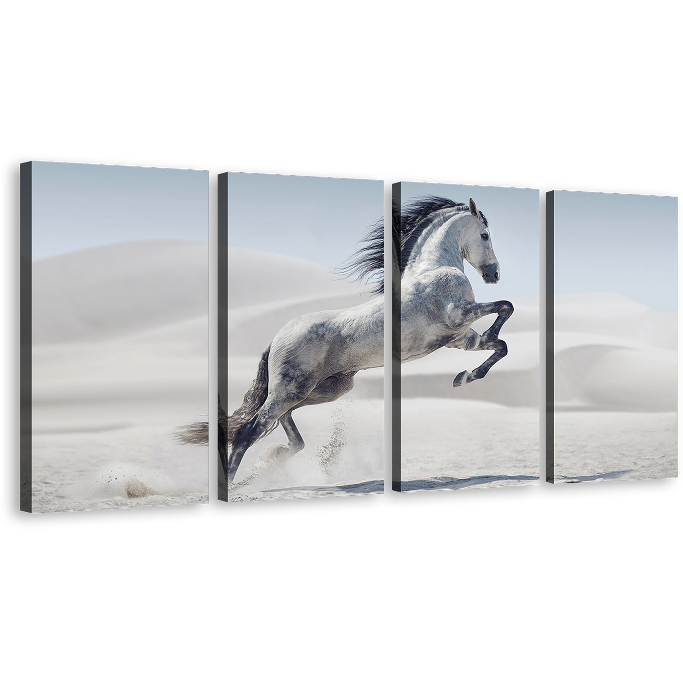 Horse Animal Canvas Print, Galloping White Horse 4 Piece Canvas Wall Art, Grey Horse in Nature Multiple Canvas