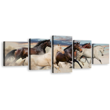 Load image into Gallery viewer, Horse Animal Canvas Print, Horses Desert at Desert 5 Piece Canvas Wall Art, Brown White Horses Canvas Set, Pack of Galloping Horses Multi Canvas
