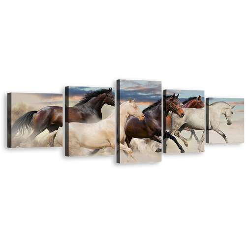 Horse Animal Canvas Print, Horses Desert at Desert 5 Piece Canvas Wall Art, Brown White Horses Canvas Set, Pack of Galloping Horses Multi Canvas