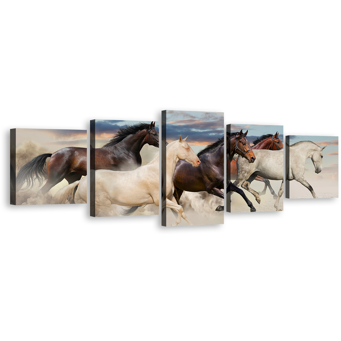 Horse Animal Canvas Print, Horses Desert at Desert 5 Piece Canvas Wall Art, Brown White Horses Canvas Set, Pack of Galloping Horses Multi Canvas