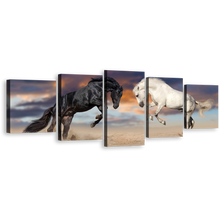 Load image into Gallery viewer, Horse Animal Canvas Print, Horses Playing 5 Piece Canvas Print, White Black Horse Fight Multi Canvas Artwork
