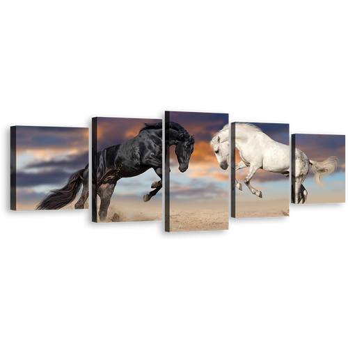 Horse Animal Canvas Print, Horses Playing 5 Piece Canvas Print, White Black Horse Fight Multi Canvas Artwork