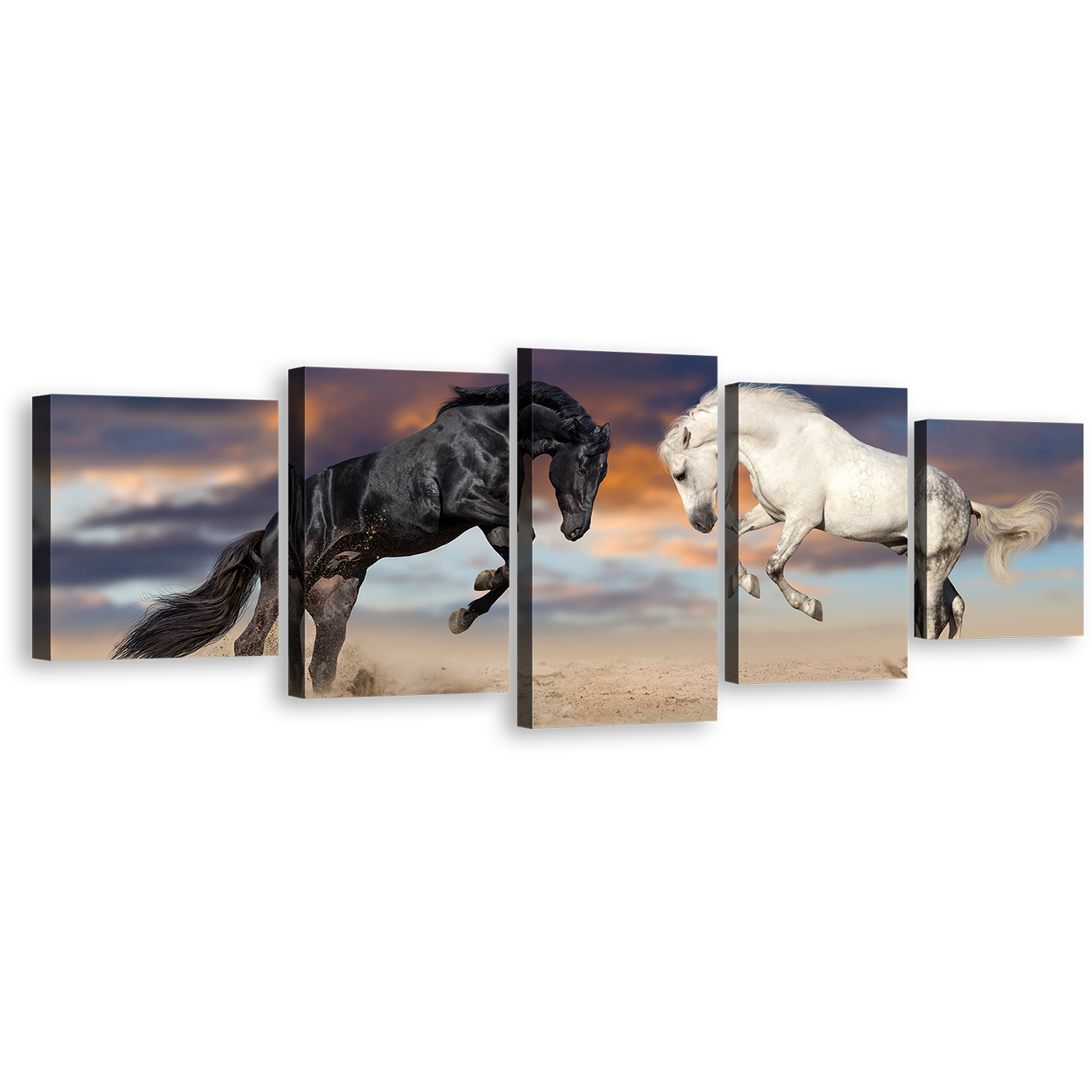 Horse Animal Canvas Print, Horses Playing 5 Piece Canvas Print, White Black Horse Fight Multi Canvas Artwork