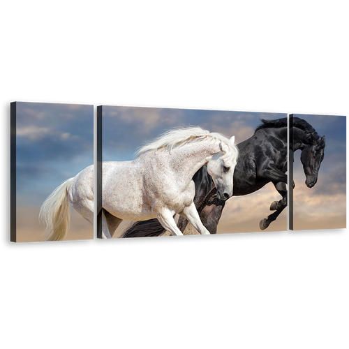 Horse Animal Canvas Wall Art, Two Horses Running Dust 3 Piece Canvas Print, Black and White Horses Couple Multiple Canvas