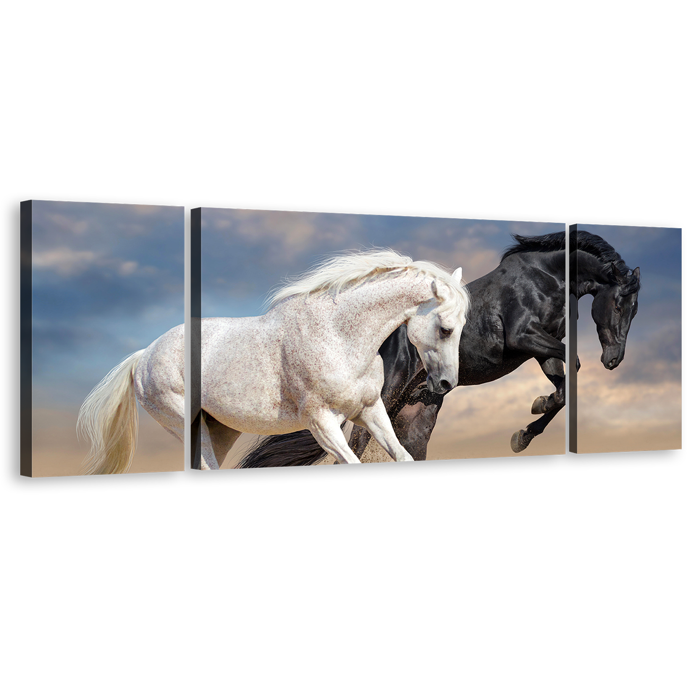 Horse Animal Canvas Wall Art, Two Horses Running Dust 3 Piece Canvas Print, Black and White Horses Couple Multiple Canvas