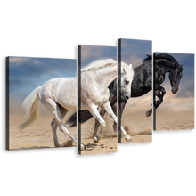 Load image into Gallery viewer, Horse Couple Canvas Print, Two Horses in Nature 4 Piece Canvas Wall Art, Black and White Horses Multi Canvas Artwork
