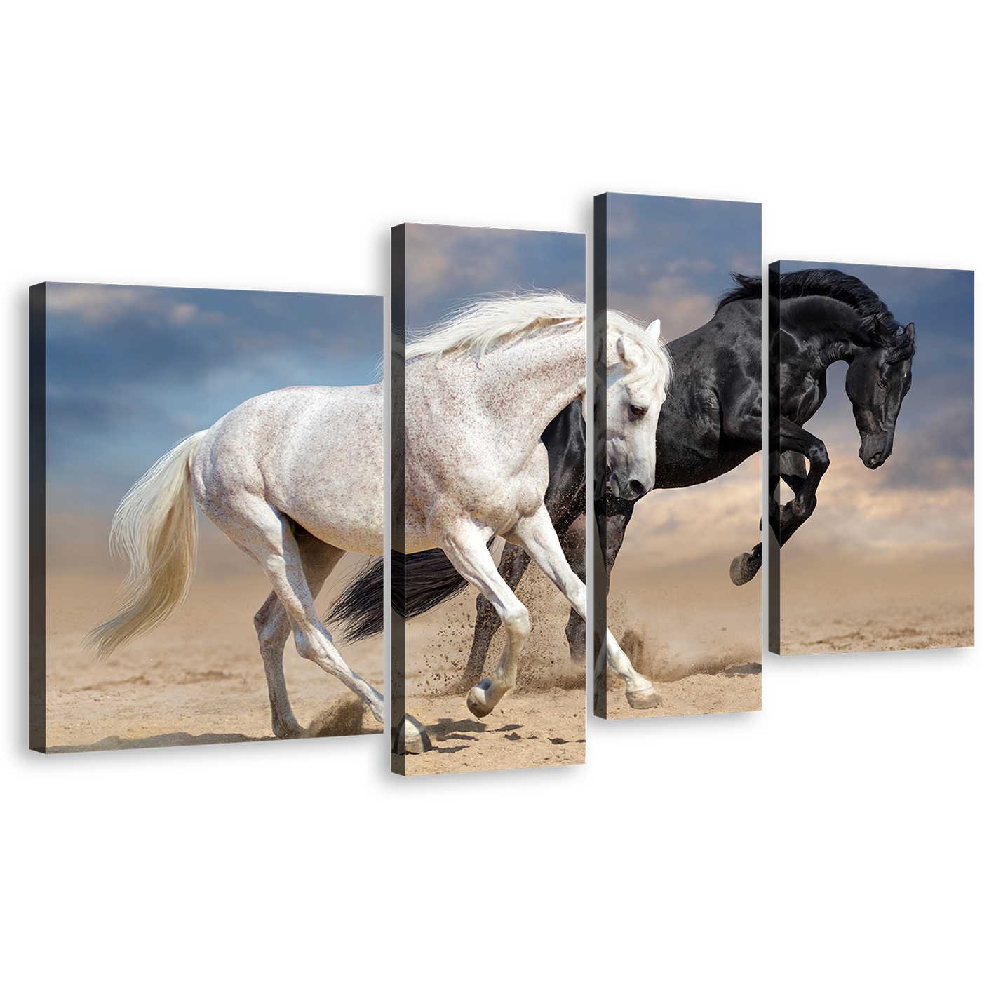 Horse Couple Canvas Print, Two Horses in Nature 4 Piece Canvas Wall Art, Black and White Horses Multi Canvas Artwork