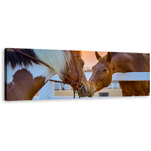 Horse Couple Canvas Wall Art, Brown Horses in Love 1 Piece Canvas Print, Horses in Yellow Sunrise Canvas Artwork