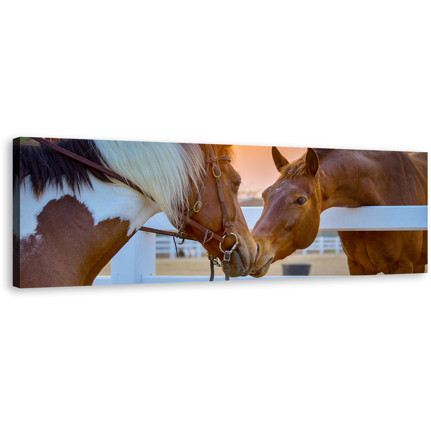 Horse Couple Canvas Wall Art, Brown Horses in Love 1 Piece Canvas Print, Horses in Yellow Sunrise Canvas Artwork