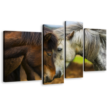 Load image into Gallery viewer, Horse Couple Canvas Wall Art, White Brown Romantic Horses 4 Piece Canvas Set, Stallion Horses Canvas Print
