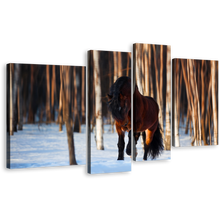 Load image into Gallery viewer, Horse Farm Canvas Wall Art, Brown Horse Front 4 Piece Canvas Set, Horse White Snow Trees Forest Canvas Print
