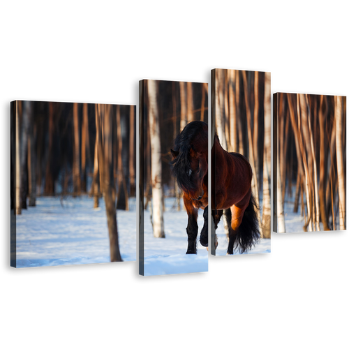 Horse Farm Canvas Wall Art, Brown Horse Front 4 Piece Canvas Set, Horse White Snow Trees Forest Canvas Print