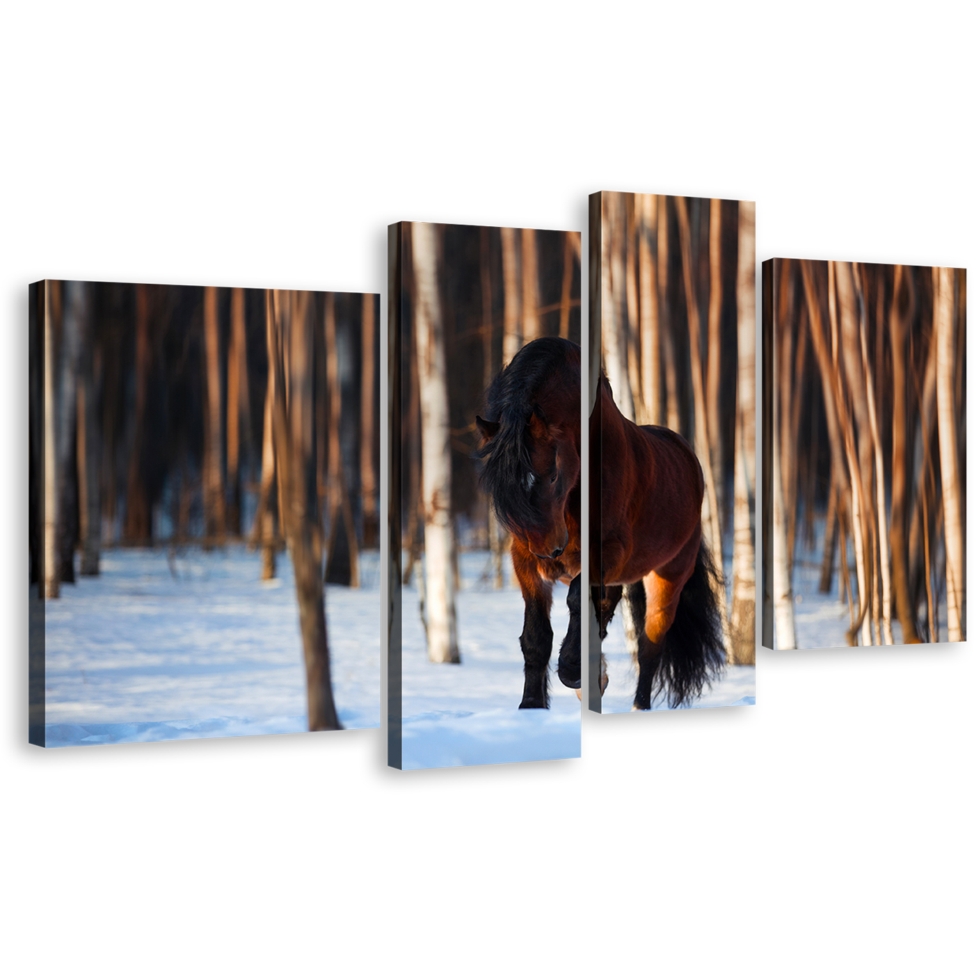 Horse Farm Canvas Wall Art, Brown Horse Front 4 Piece Canvas Set, Horse White Snow Trees Forest Canvas Print