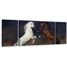 Load image into Gallery viewer, Horse Fight Canvas Wall Art, White Brown Horses 3 Piece Canvas Set, Two Horses at Desert Triptych Canvas Print
