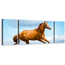 Load image into Gallery viewer, Horse Gallop Canvas Wall Art, Brown Horse Runs Across Field 3 Piece Canvas Print, Blue Sky Horse in Air Triptych Canvas Set
