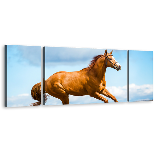 Horse Gallop Canvas Wall Art, Brown Horse Runs Across Field 3 Piece Canvas Print, Blue Sky Horse in Air Triptych Canvas Set