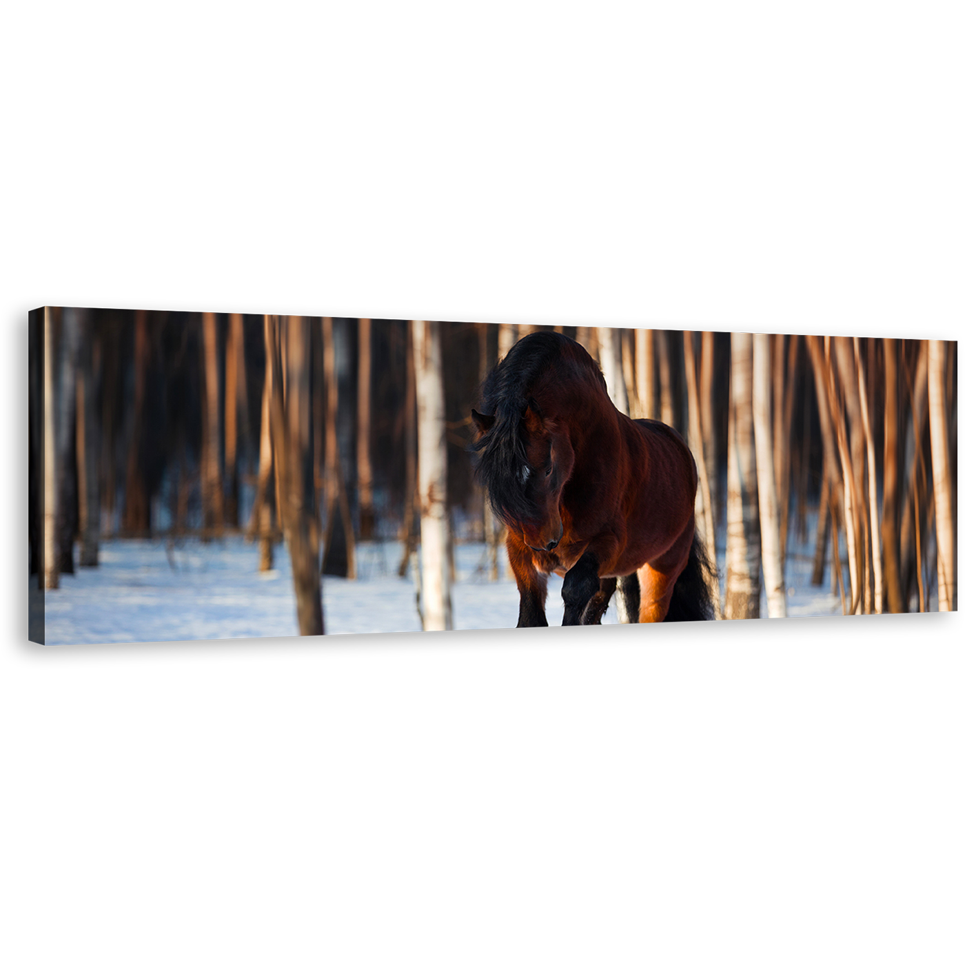 Horse Gallop Canvas Wall Art, Brown Horse Runs in Winter 1 Piece Canvas Artwork, Horse White Snow Trees Canvas Print