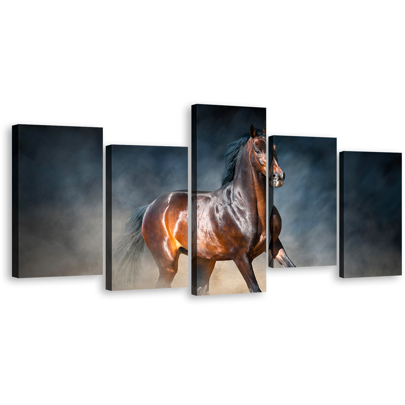 Horse Galloping Canvas Print, Bay Stallion Run 5 Piece Canvas Wall Art, Brown Chestnut Horse Multiple Canvas