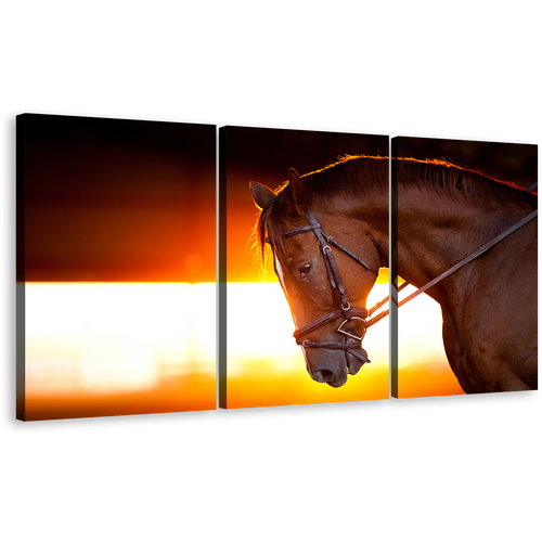 Horse Head Canvas Wall Art, Brown Horse Multiple Canvas, Horse at Yellow Orange Sunset 3 Piece Canvas Print