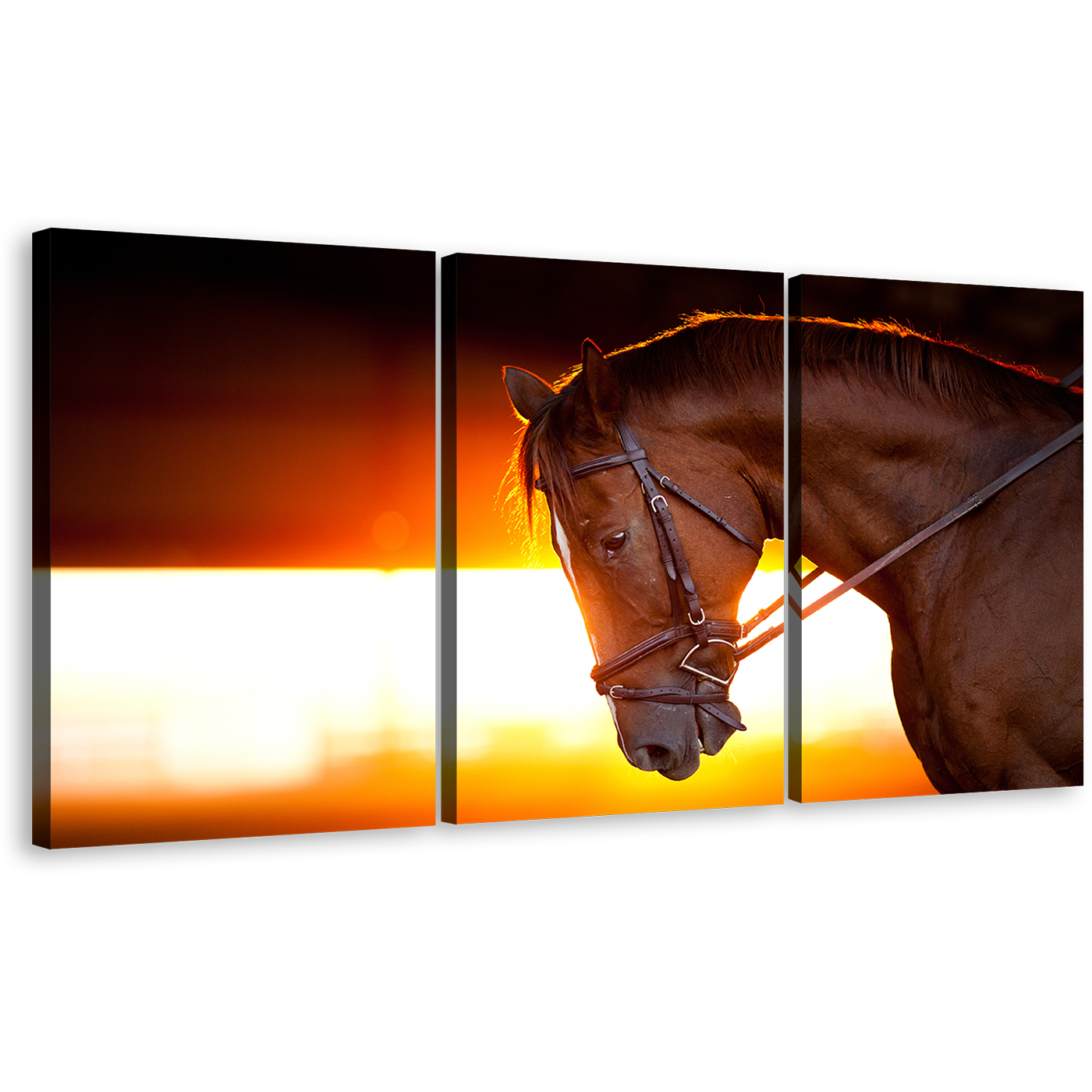 Horse Head Canvas Wall Art, Brown Horse Multiple Canvas, Horse at Yellow Orange Sunset 3 Piece Canvas Print