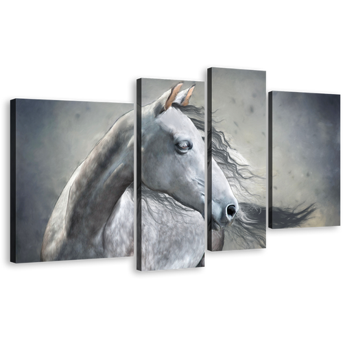 Horse Portrait Canvas Print, Horse Closeup 4 Piece Canvas Wall Art, White Grey Horse Canvas Set