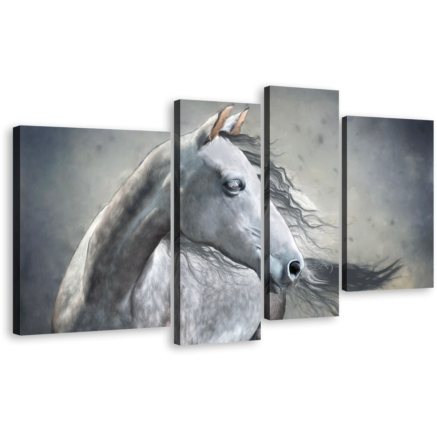 Horse Portrait Canvas Print, Horse Closeup 4 Piece Canvas Wall Art, White Grey Horse Canvas Set